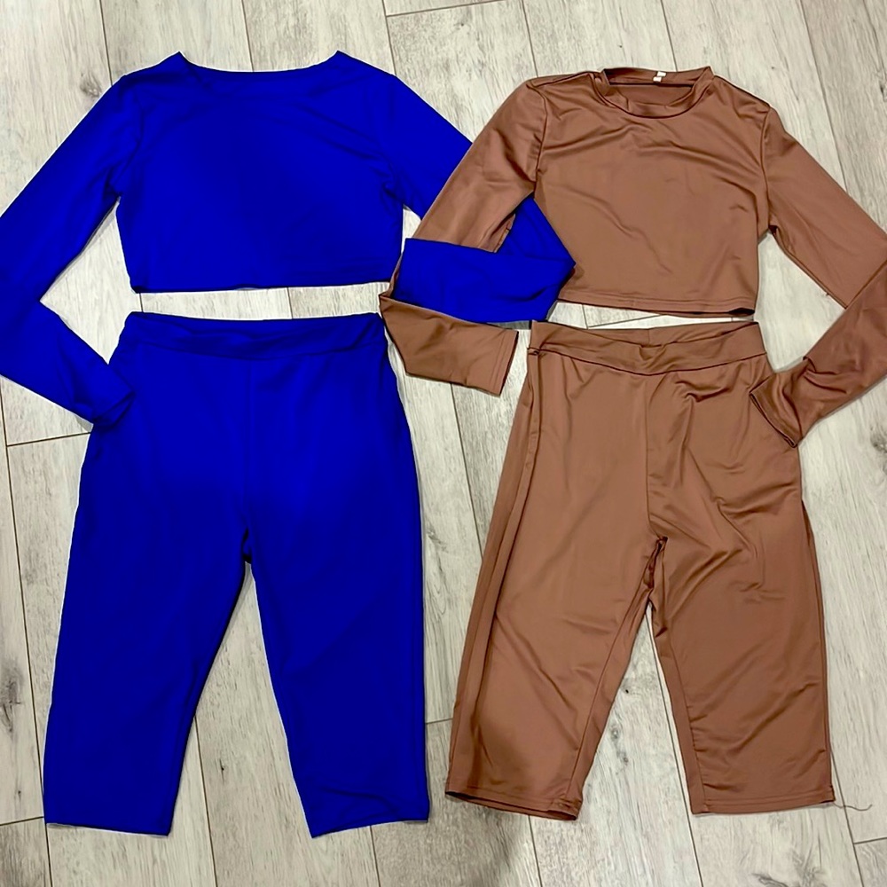 Two piece bundle! Tan and blue, stretchy spandex material.